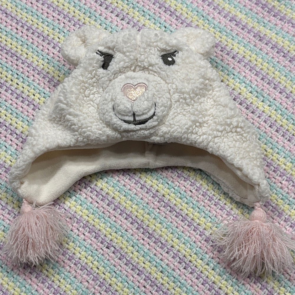 Baby Gap Polar Bear Ivory Frost Sherpa Tassel Trapper Fuzzy Hat with Pom Pom !